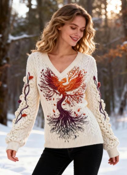 Vintage Phoenix & Tree 3D Embroidery Long Sleeve Cream V-Neck Cable Knit Sweater