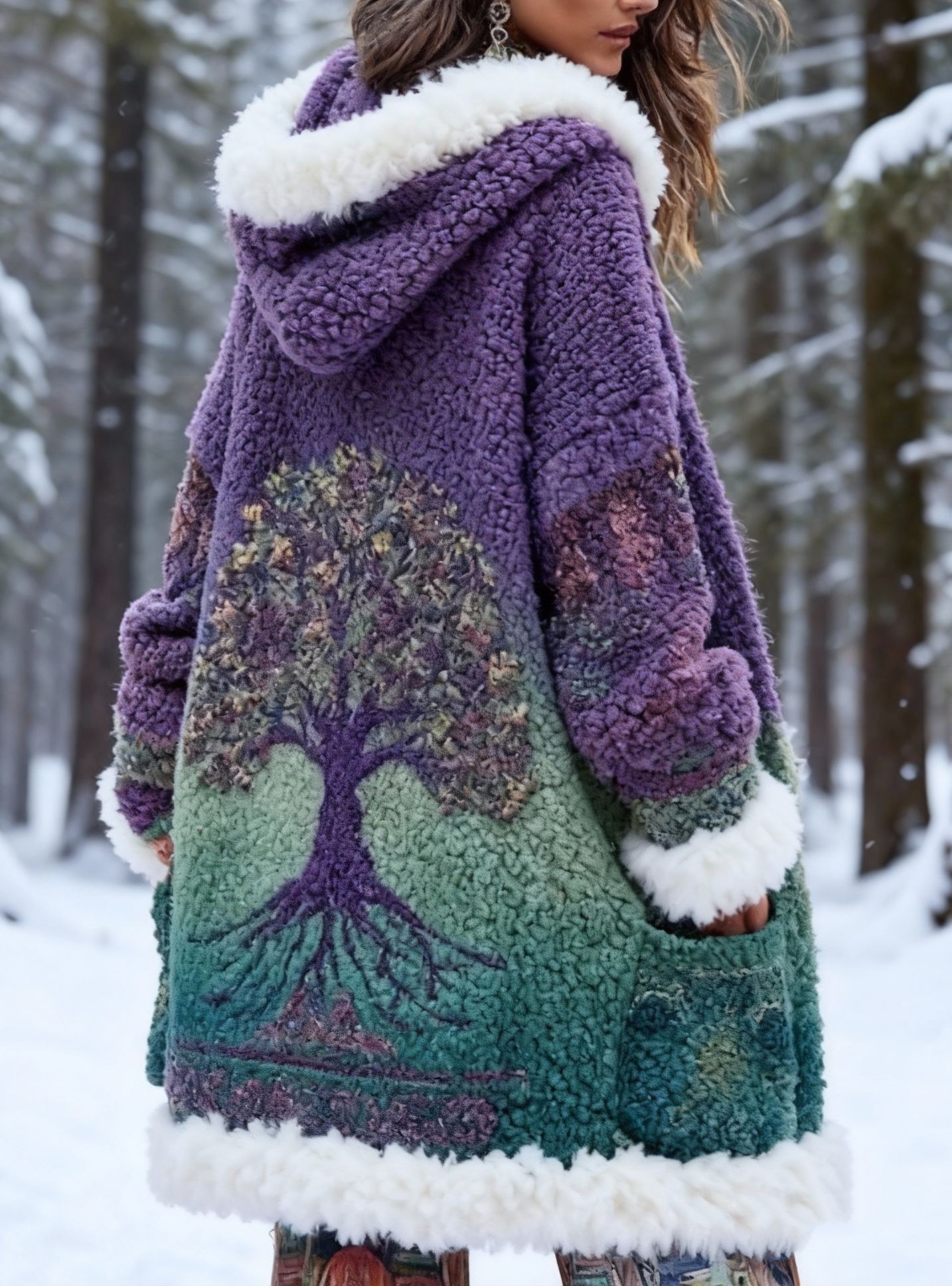  Vintage Yggdrasil Tree Print Ombre Purple & Green Sherpa Fleece Hooded Coat with Faux Fur Trim Warm Oversized Winter Outerwear