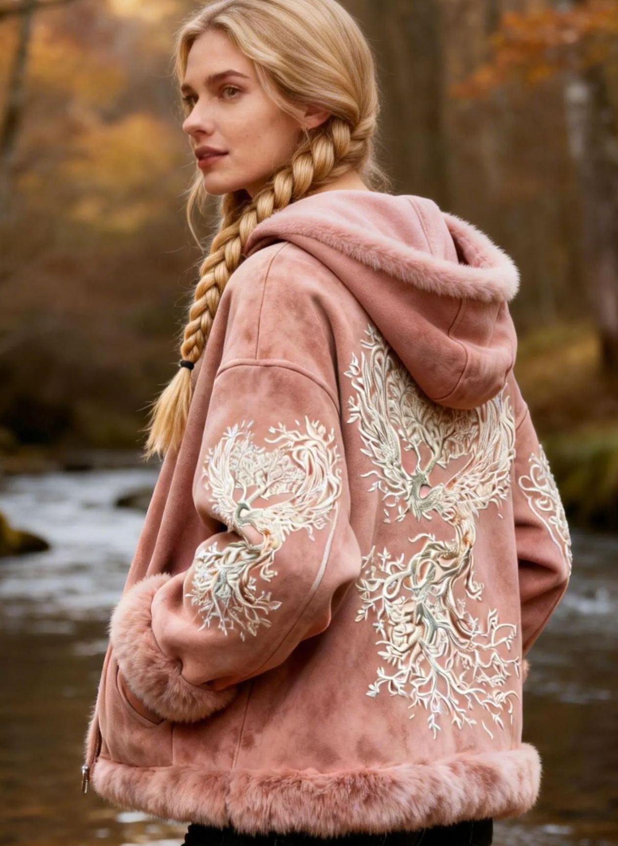 Phoenix & Tree Embroidery Pastel Pink Suede Hooded Jacket 