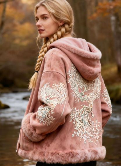 Phoenix & Tree Embroidery Pastel Pink Suede Hooded Jacket 