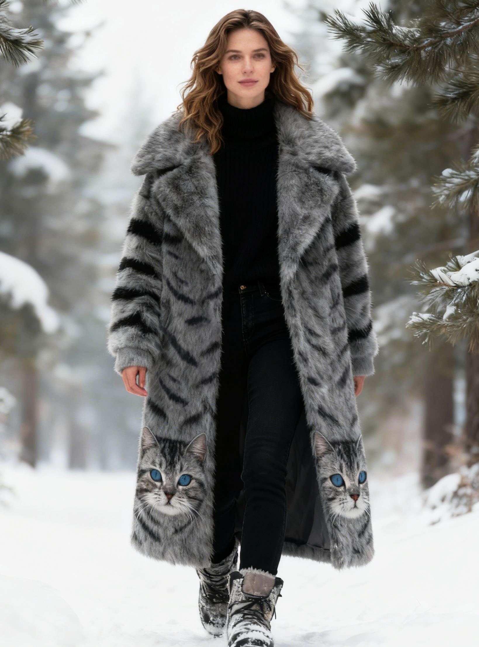 Cute Cat Face Print Winter Warm Faux Fur Long Coat Thick Outerwear