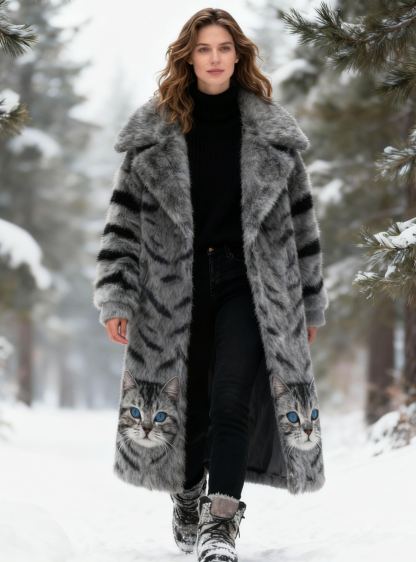 Cute Cat Face Print Winter Warm Faux Fur Long Coat Thick Outerwear
