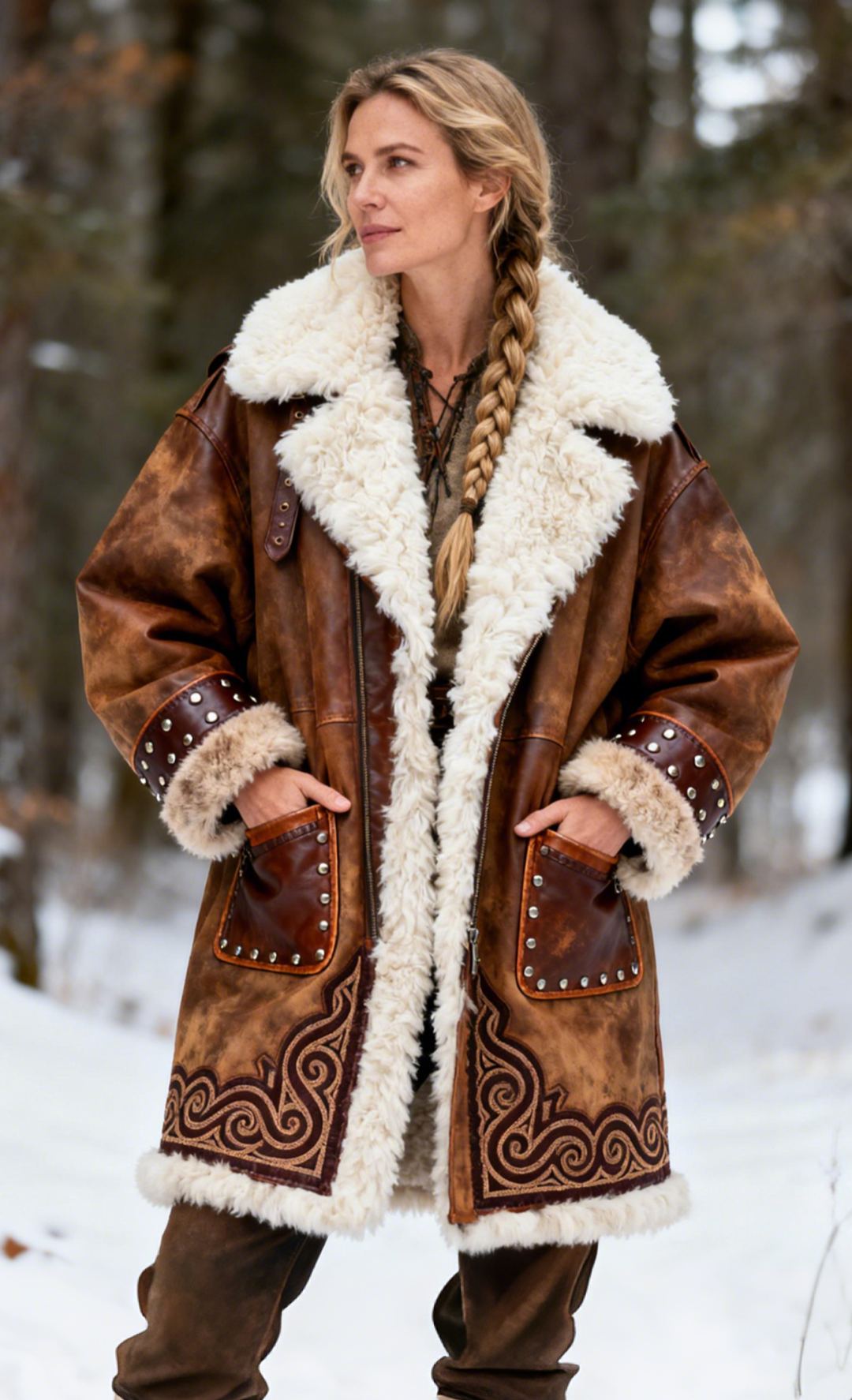 Stud Accents Ornate Embroidery Brown Faux Leather Shearling Coat