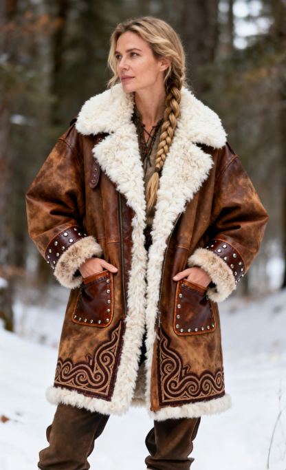 Stud Accents Ornate Embroidery Brown Faux Leather Shearling Coat