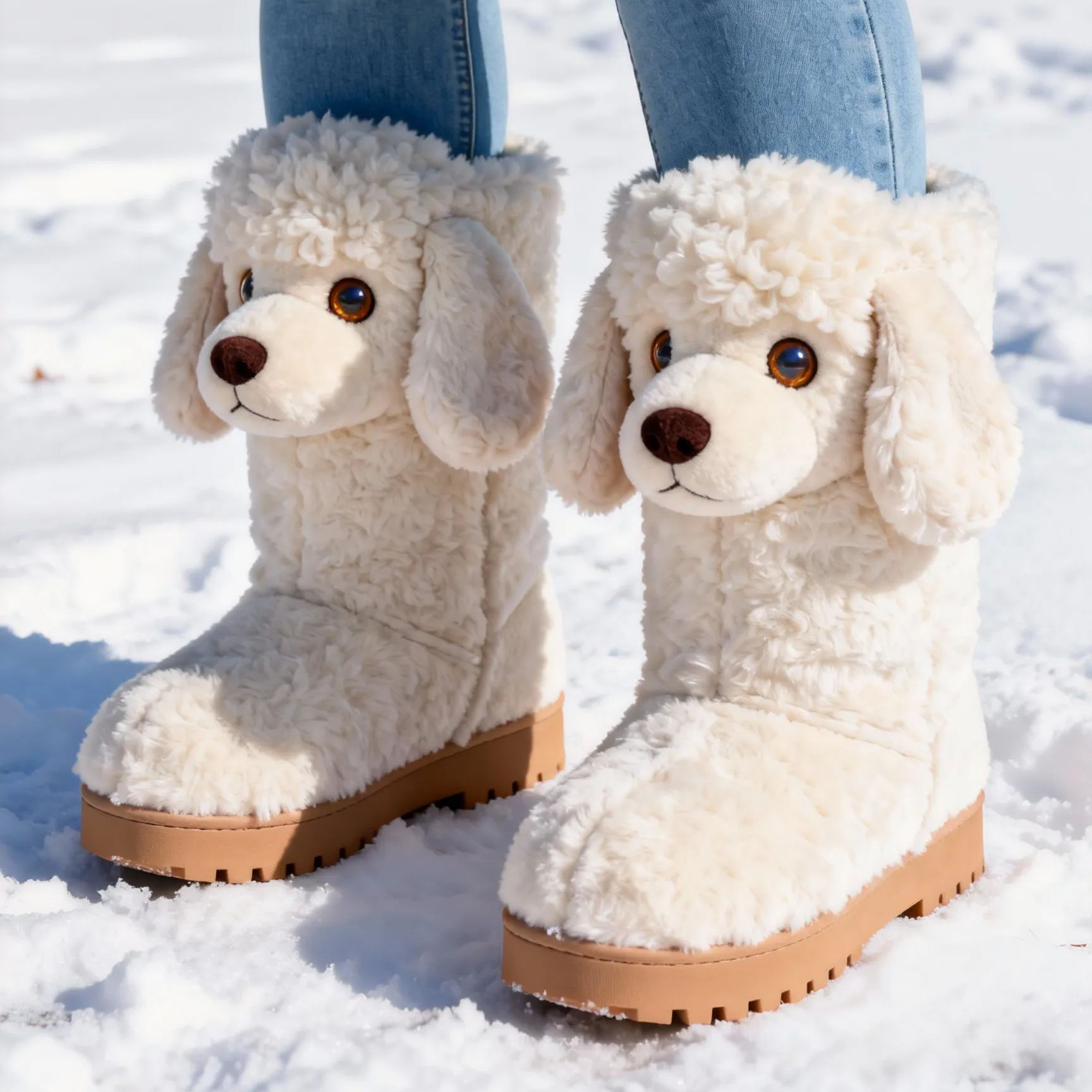 3D Fluffy White Poodle Plush Snow Boots Fleece-Lined Non-slip Thick-soled Boots