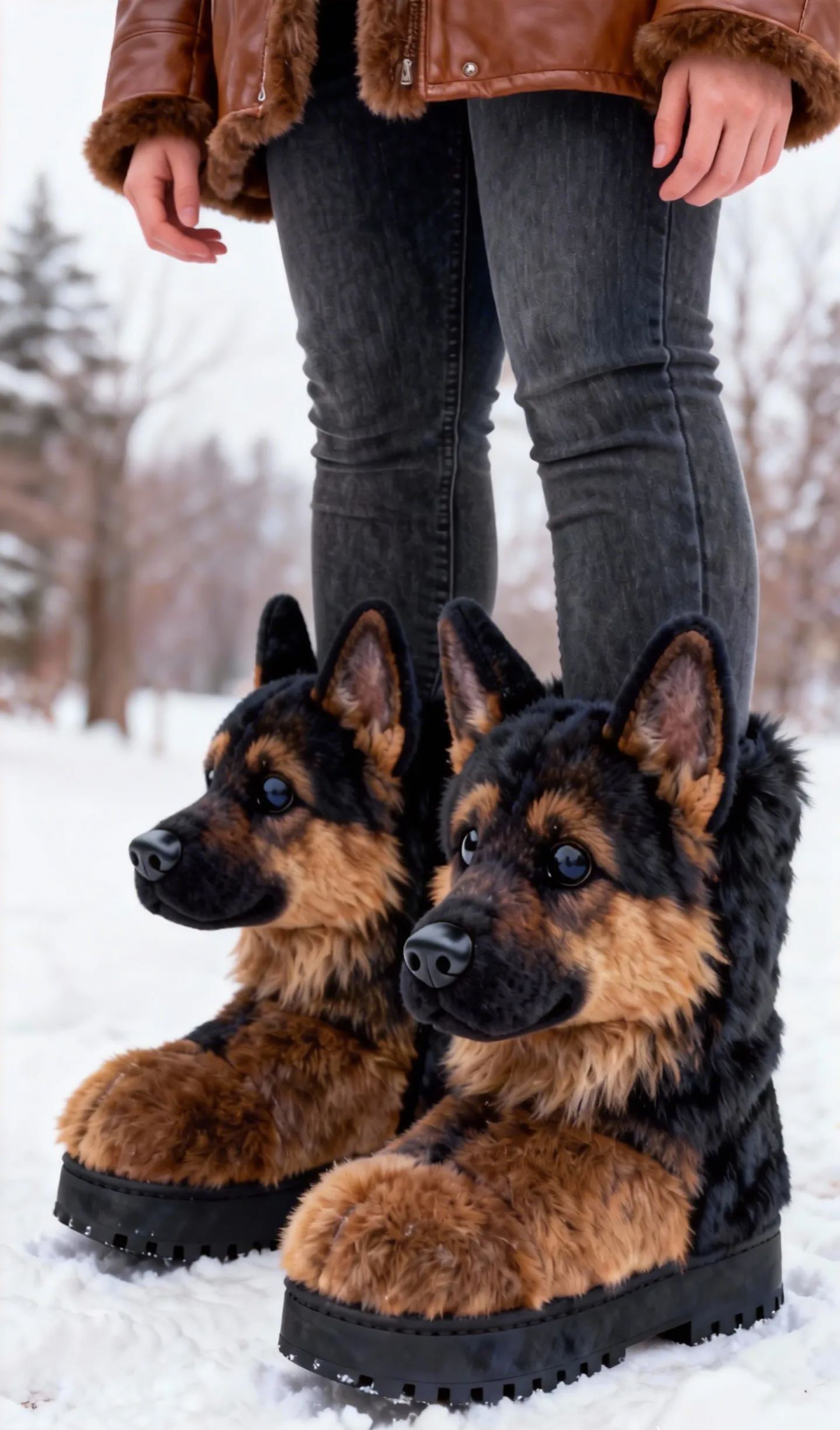 3D Cute German Shepherd Plush Snow Boots Fleece-Lined Non-slip Thick-soled Boots