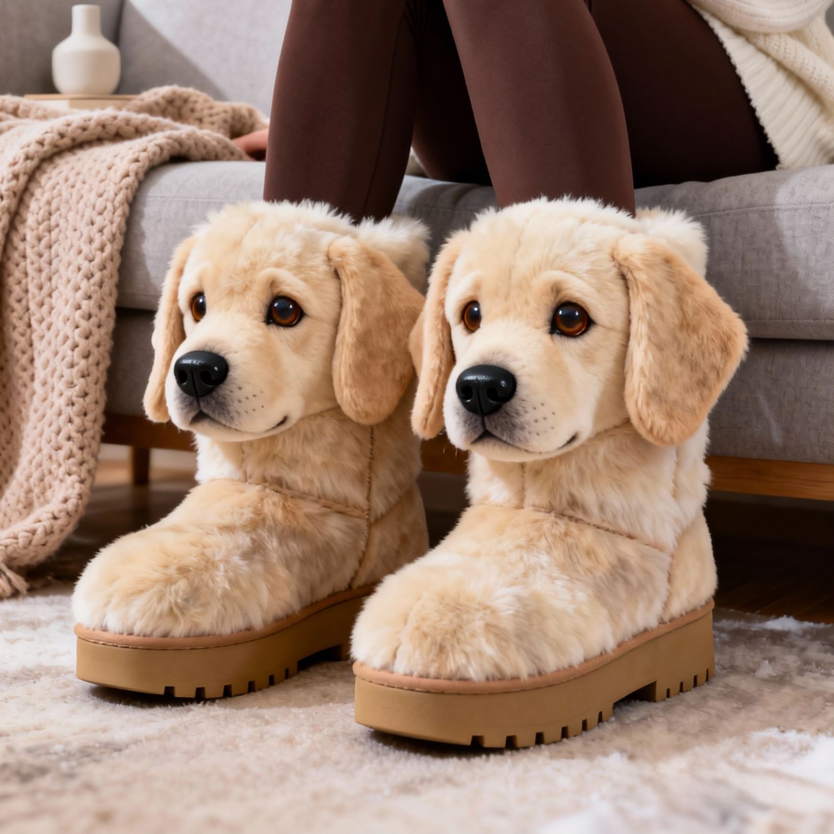 3D Labrador Retriever Plush Snow Boots Fleece-Lined Non-slip Thick-soled Boots