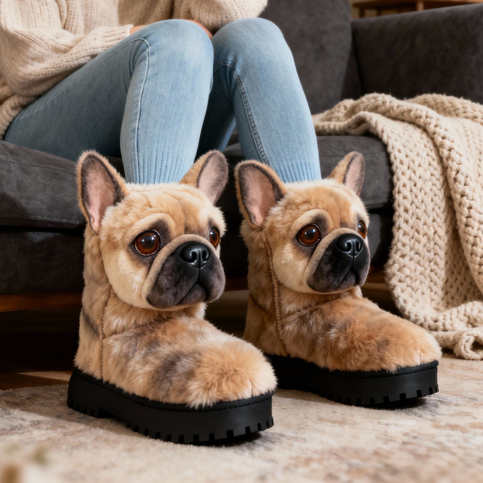 3D Cute Fawn French Bulldog Plush Snow Boots Fleece-Lined Non-slip Thick-soled Boots