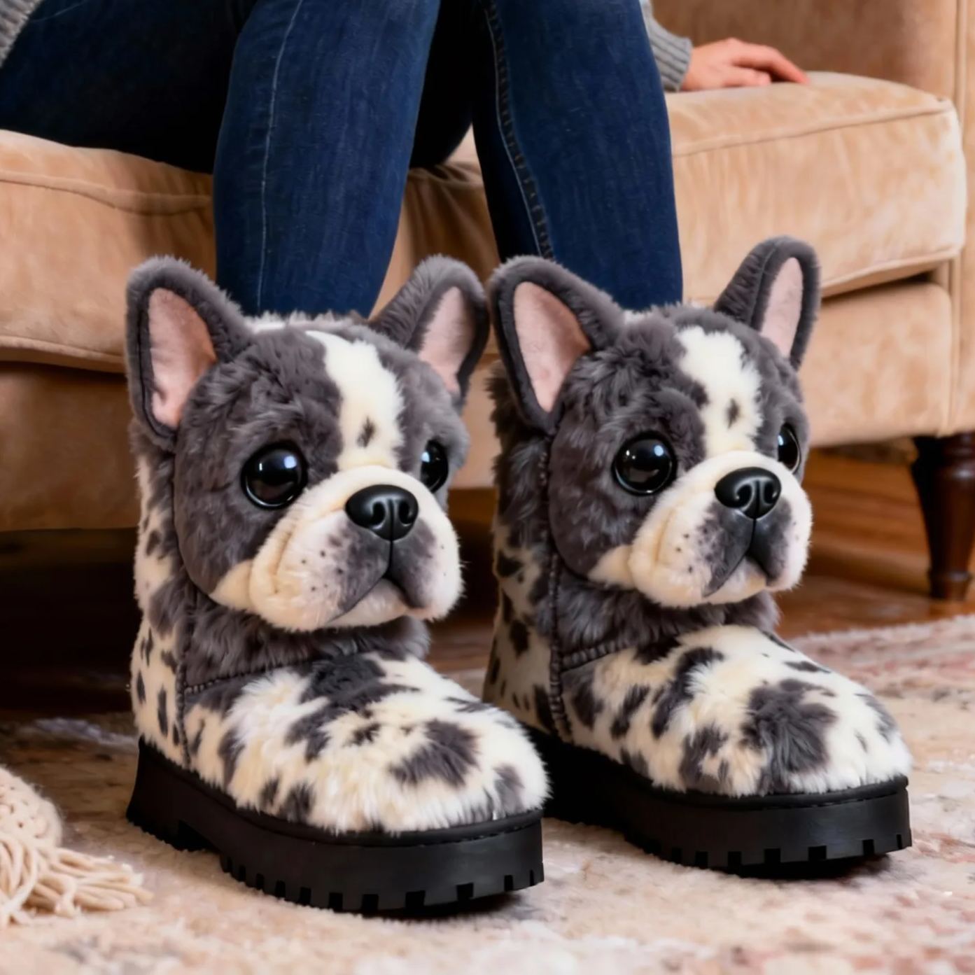 3D Cute Fawn French Bulldog Plush Snow Boots Fleece-Lined Non-slip Thick-soled Boots