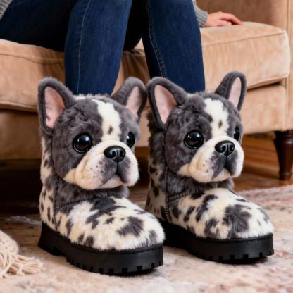 3D Cute Fawn French Bulldog Plush Snow Boots Fleece-Lined Non-slip Thick-soled Boots