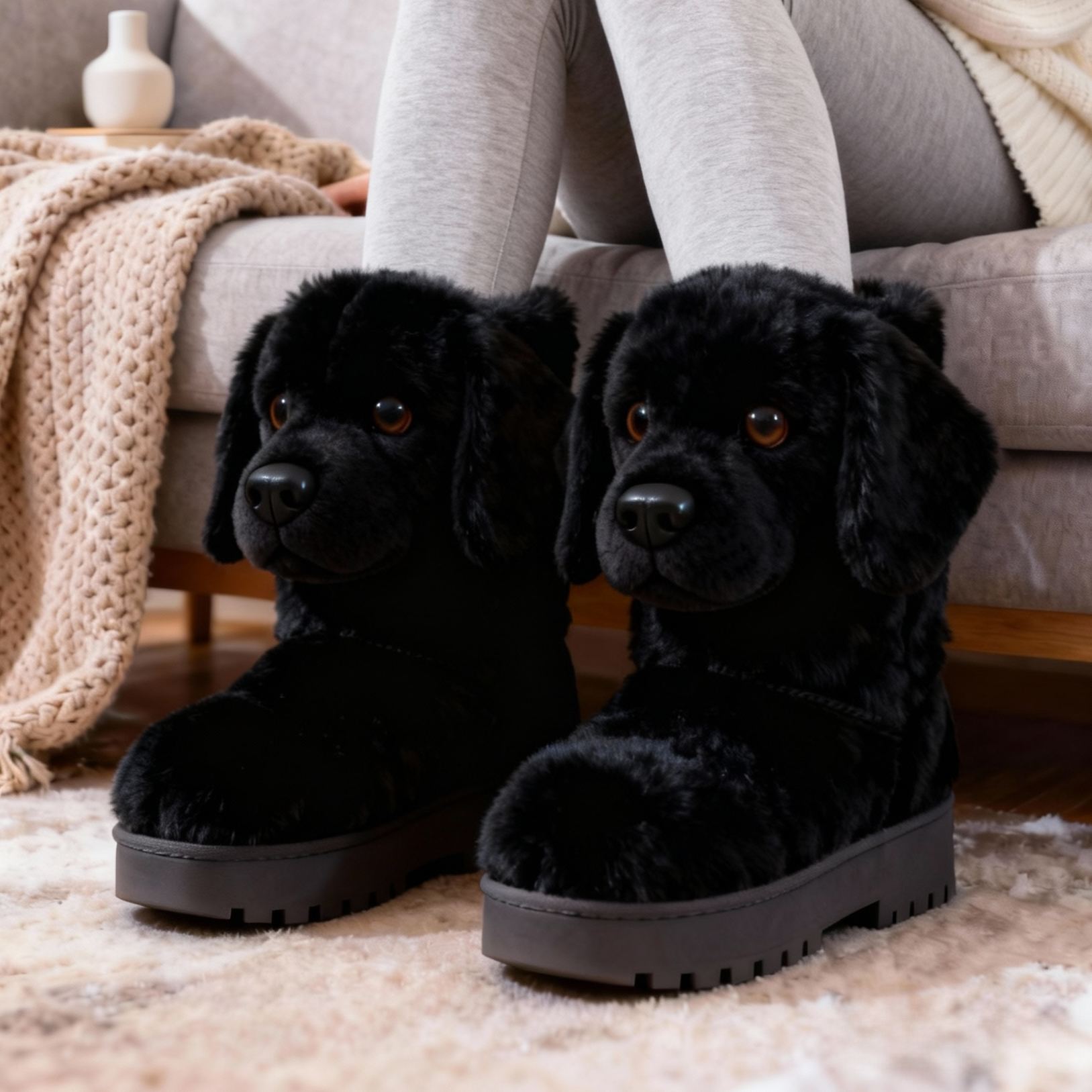 3D Black Labrador Retriever Plush Snow Boots Fleece-Lined Non-slip Thick-soled Boots