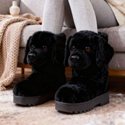 3D Black Labrador Retriever Plush Snow Boots Fleece-Lined Non-slip Thick-soled Boots