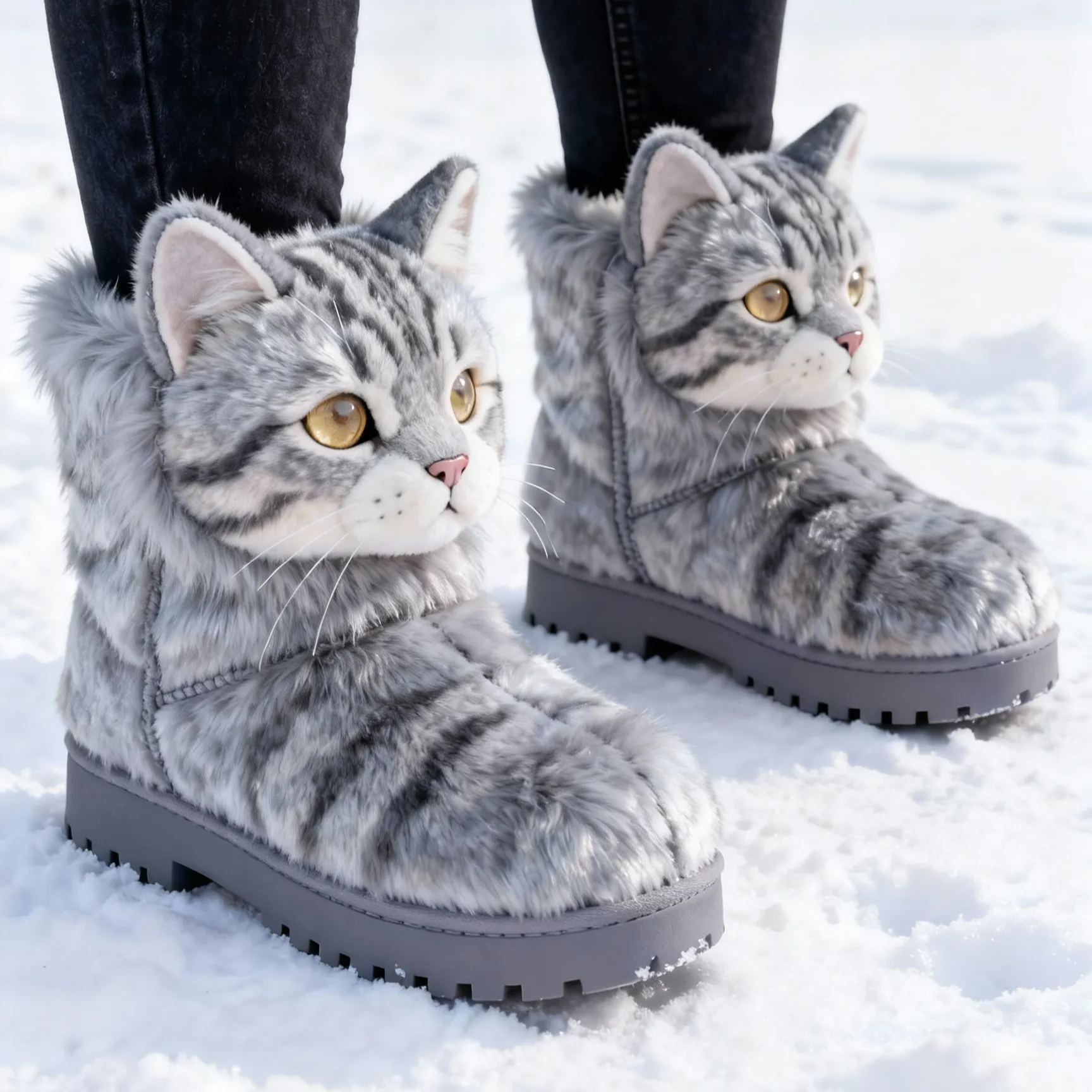 3D Adorable American Shorthair Cat Plush Snow Boots Fleece-Lined Non-slip Thick-soled Boots