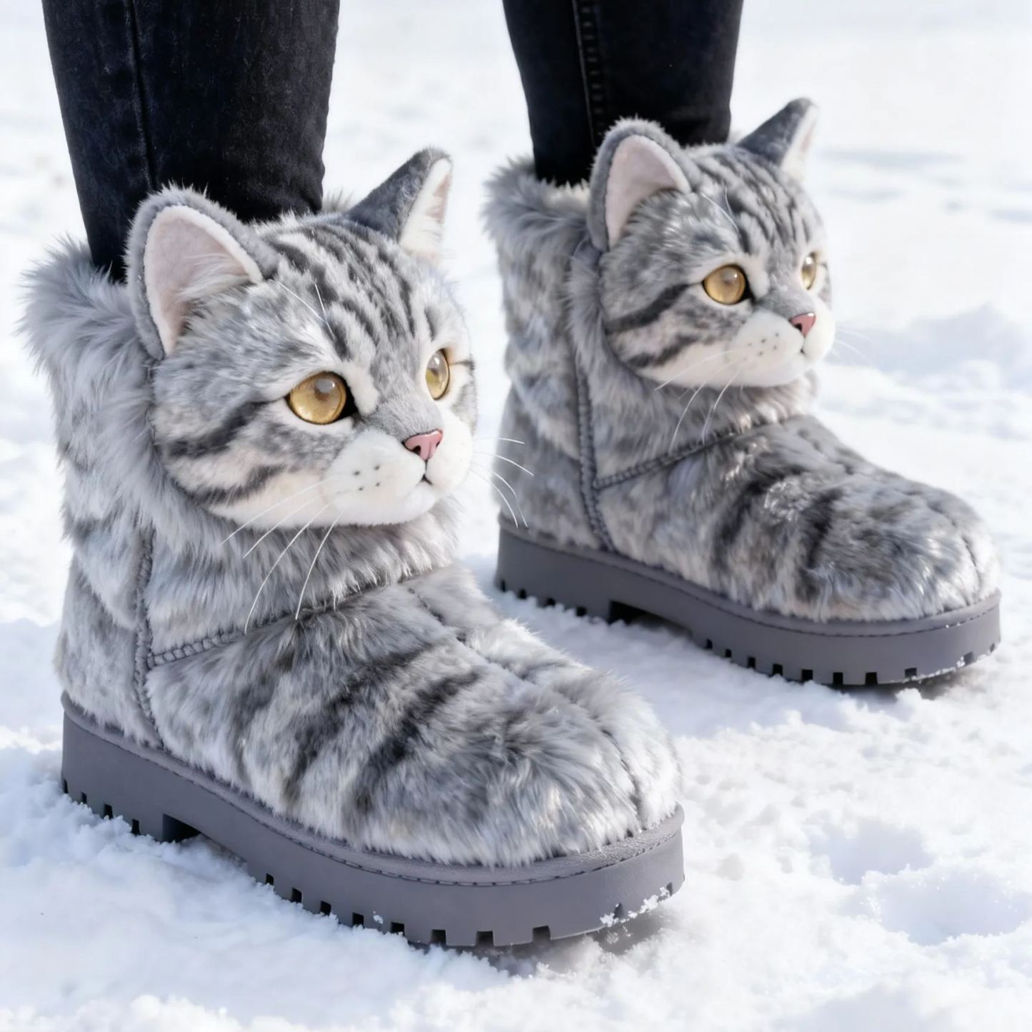 3D Adorable American Shorthair Cat Plush Snow Boots Fleece-Lined Non-slip Thick-soled Boots