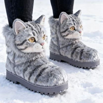 3D Adorable American Shorthair Cat Plush Snow Boots Fleece-Lined Non-slip Thick-soled Boots