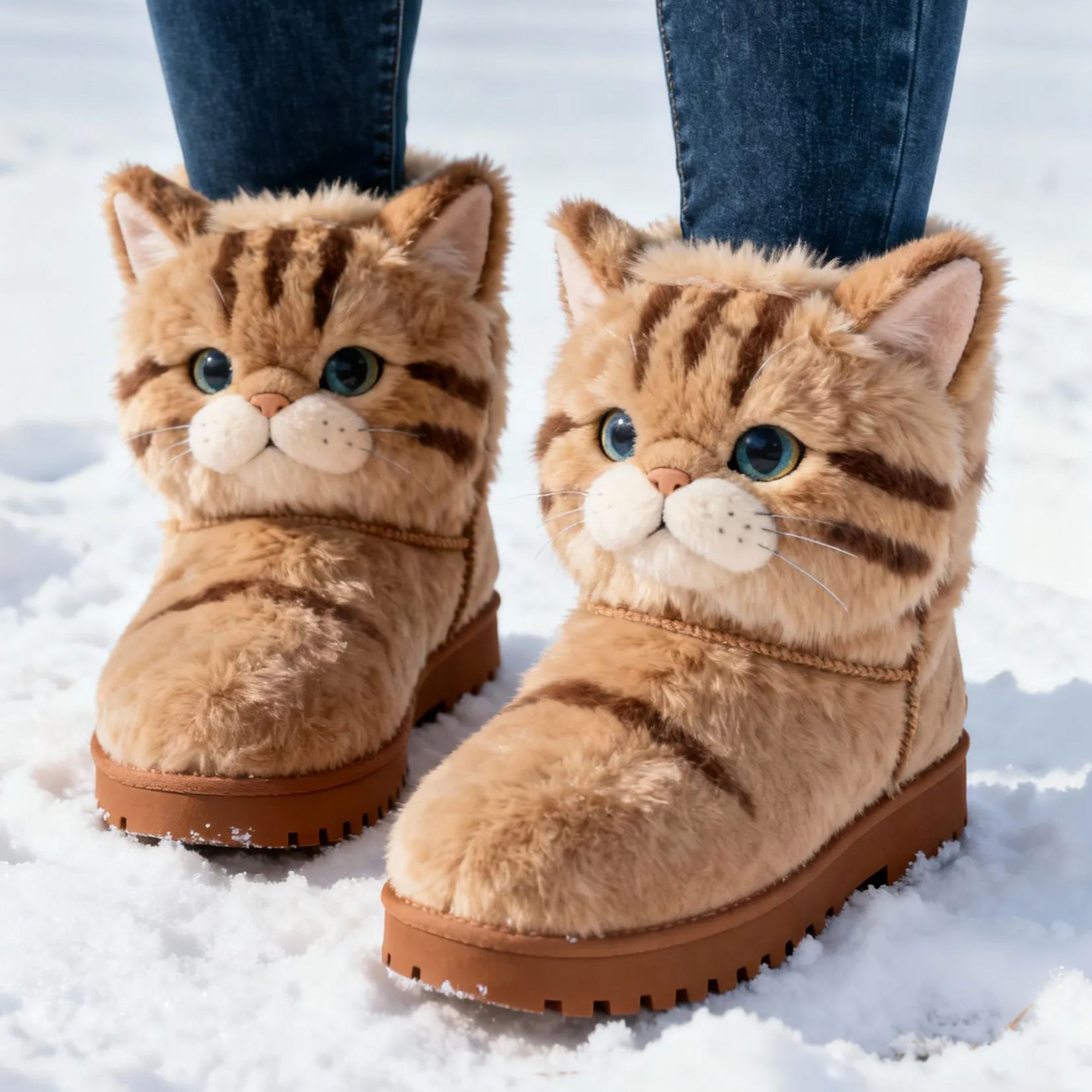 3D Cheerful Orange Tabby CatPlush Snow Boots Fleece-Lined Non-slip Thick-soled Boots