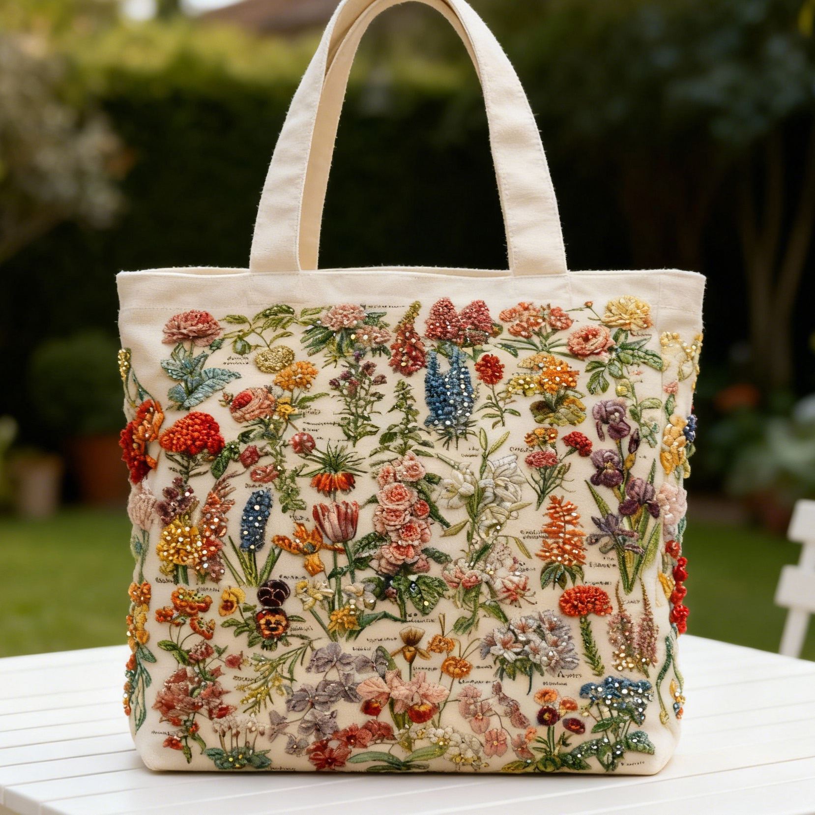 Vintage Botanical Floral Handcrafted 3D Embroidery Canvas Tote Bag 