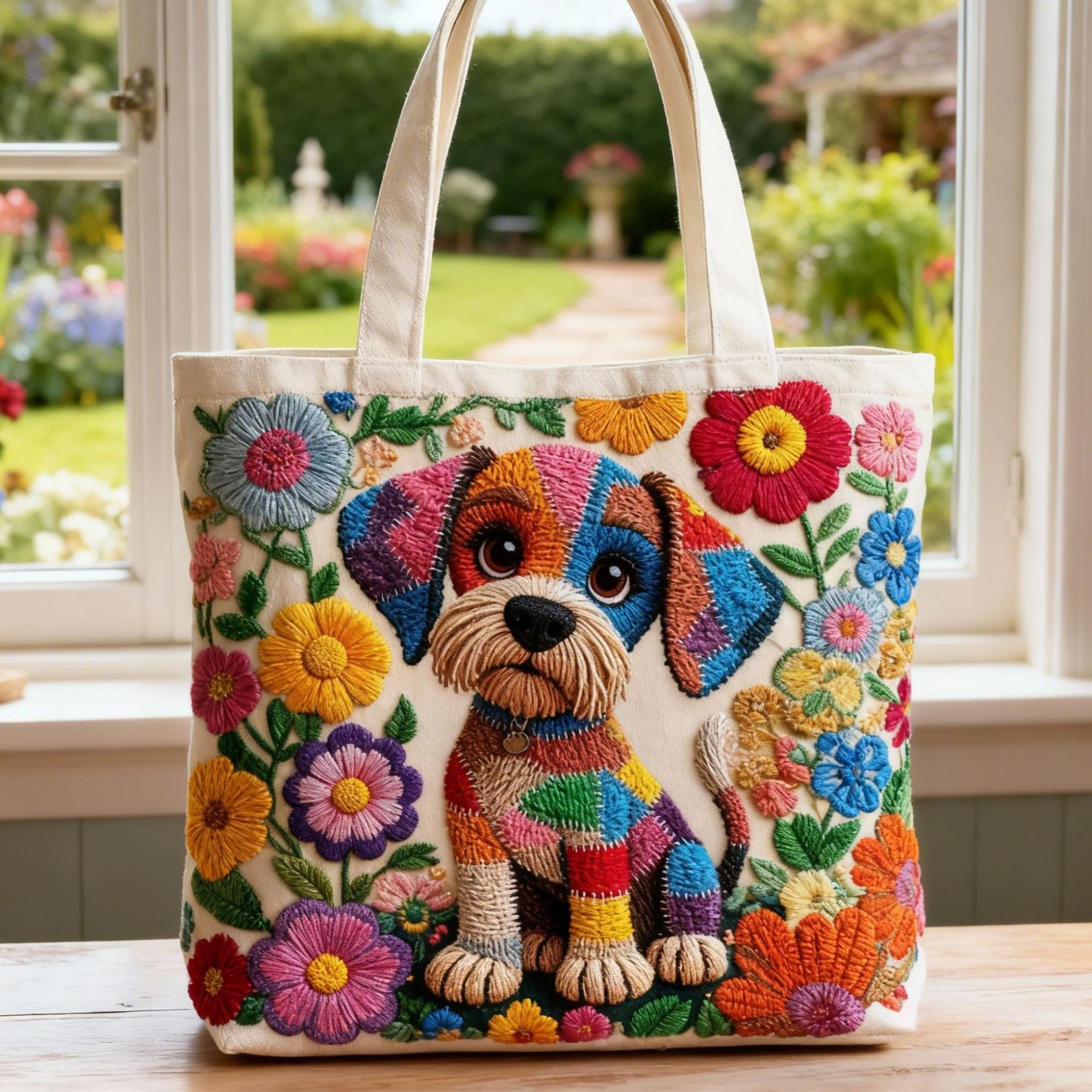 Whimsical Colorful Puppy Floral Handcrafted 3D Embroidery Canvas Tote Bag 