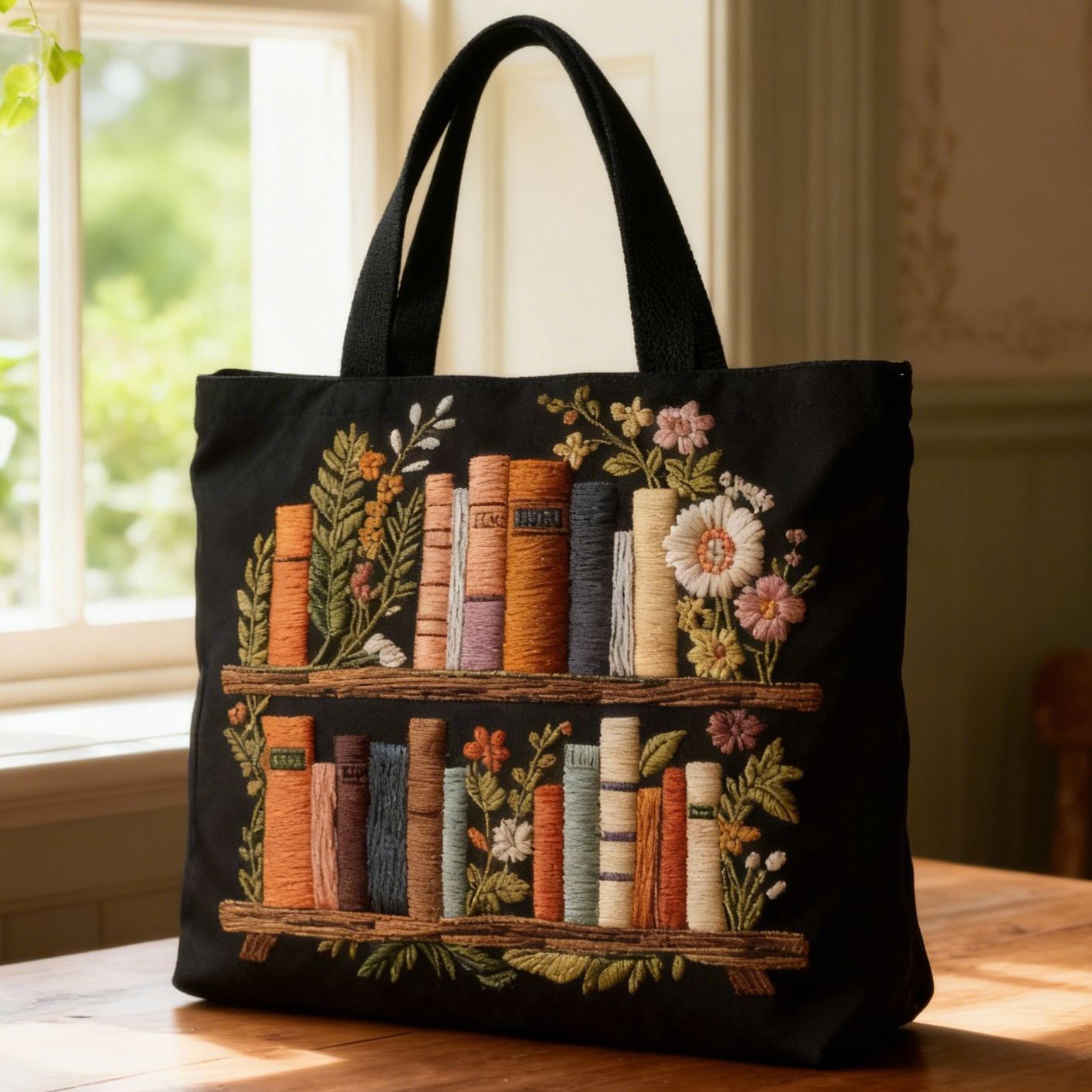 Cozy Vintage Bookcase 3D Embroidery Canvas Tote Bag 