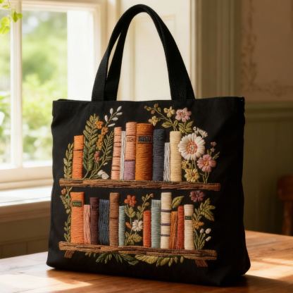 Cozy Vintage Bookcase 3D Embroidery Canvas Tote Bag 