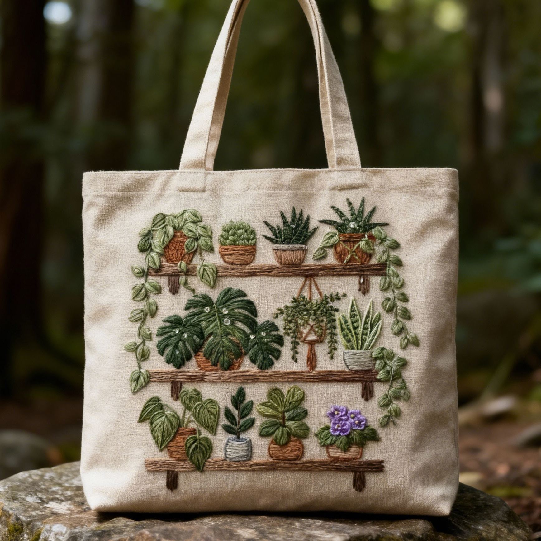 Houseplant Shelf 3D Embroidery Canvas Tote Bag 