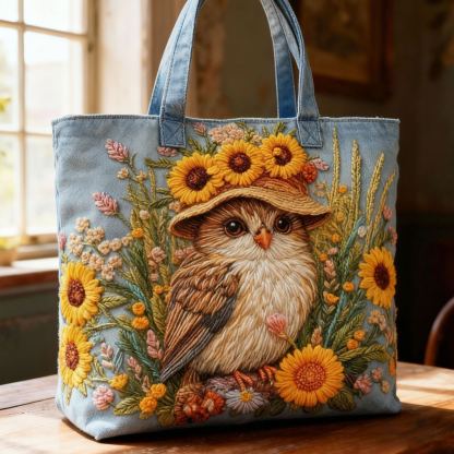 Cute Owl & Sunflower 3D Embroidery Denim Tote Bag 