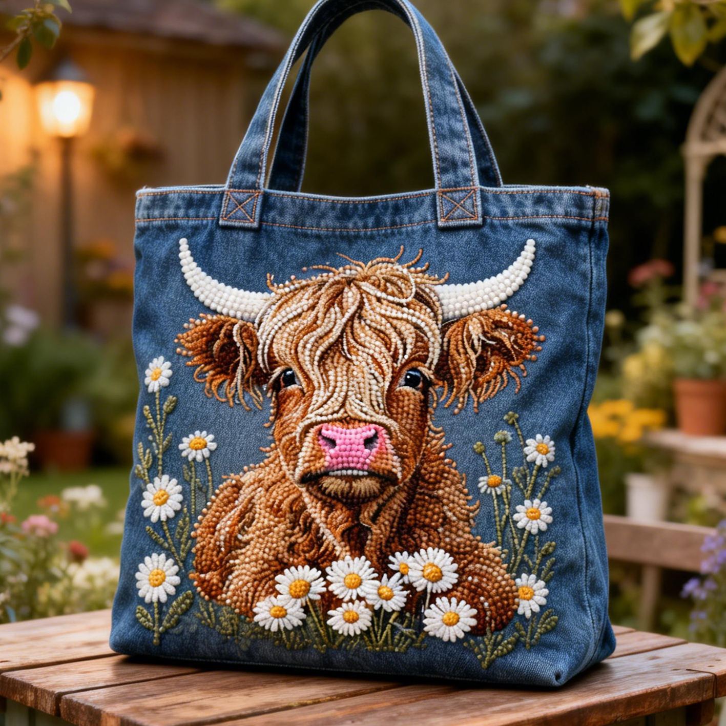 Highland Cow & Daisy 3D Embroidery Denim Tote Bag 