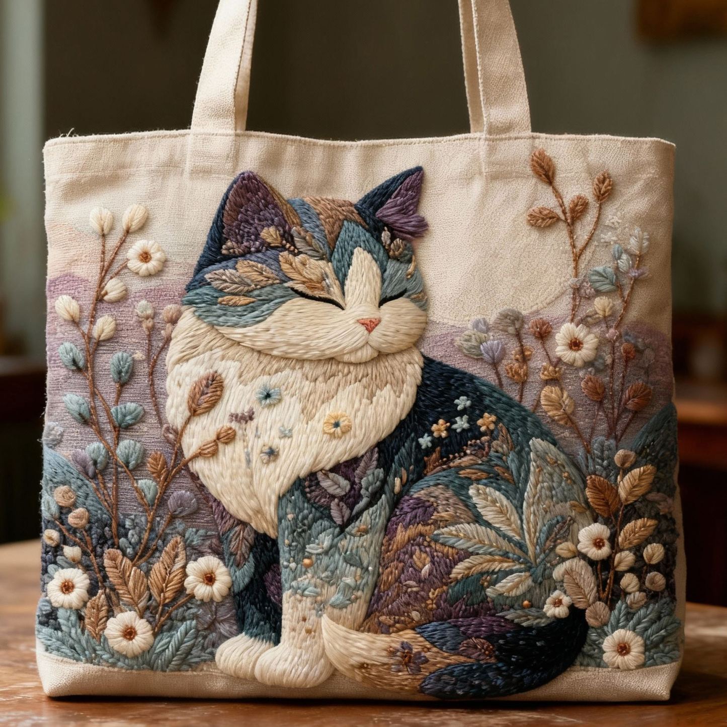 Whimsical Garden Calico Cat Floral 3D Embroidery Canvas Tote Bag 