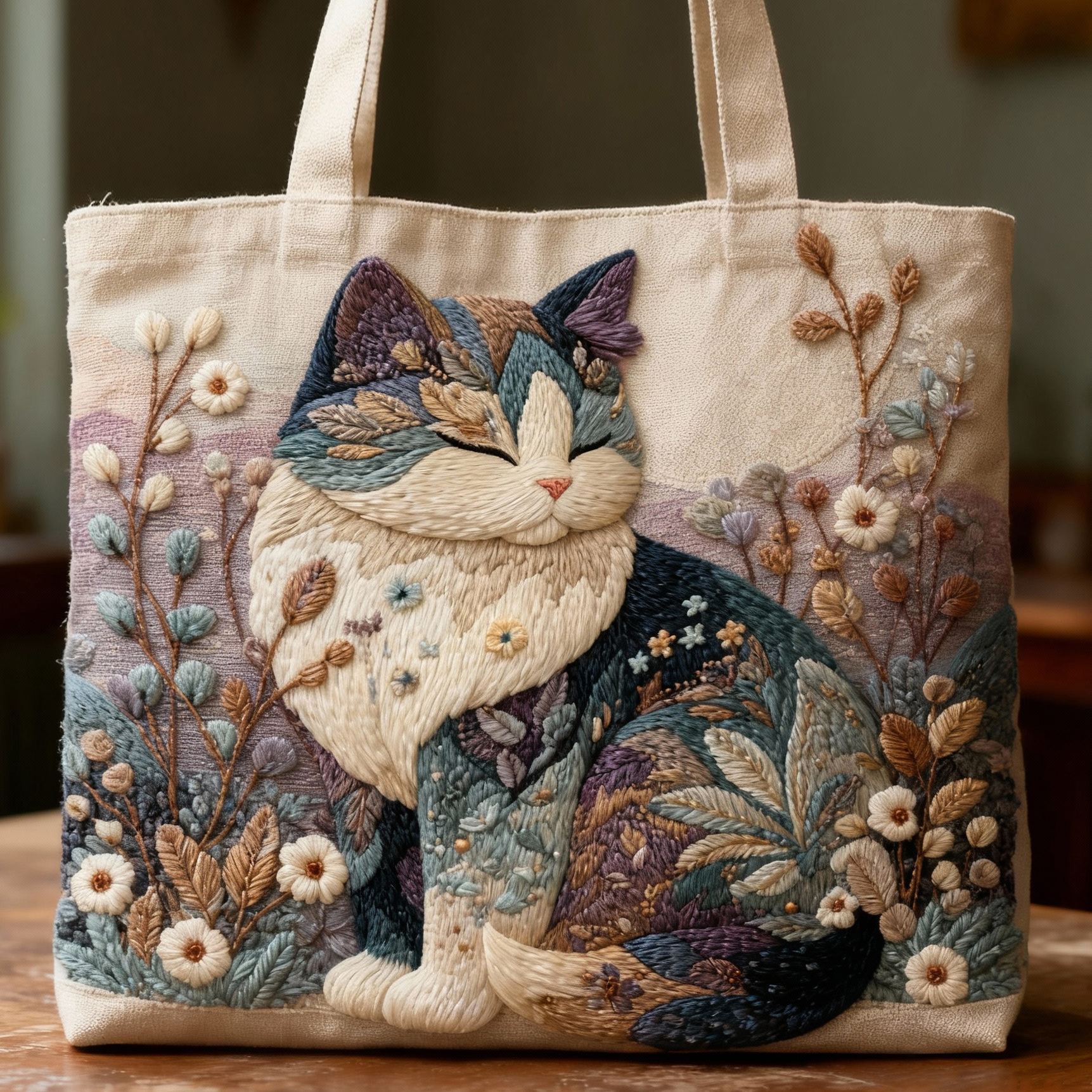 Whimsical Garden Calico Cat Floral 3D Embroidery Canvas Tote Bag 