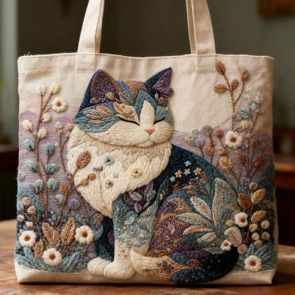 Whimsical Garden Calico Cat Floral 3D Embroidery Canvas Tote Bag 