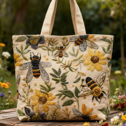 Bumble Bee & Sunflower  3D Embroidery Canvas Tote Bag 