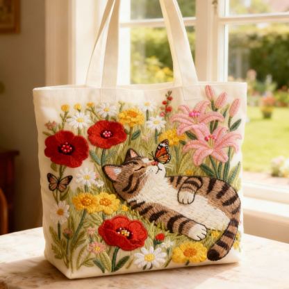 Sleeping Tabby Cat Floral 3D Embroidery Canvas Tote Bag 