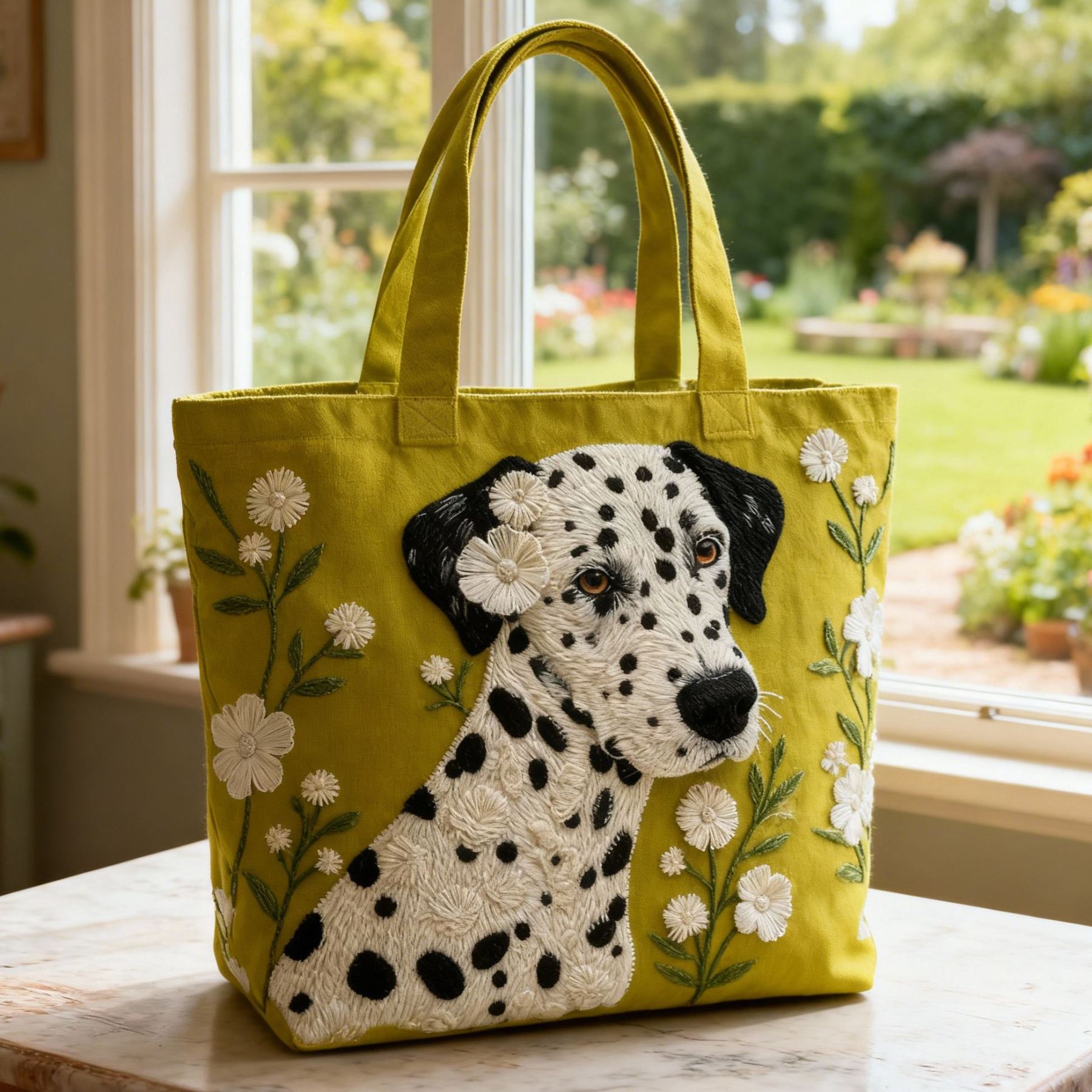 Dalmatian Dog White Flower 3D Embroidery Canvas Tote Bag 