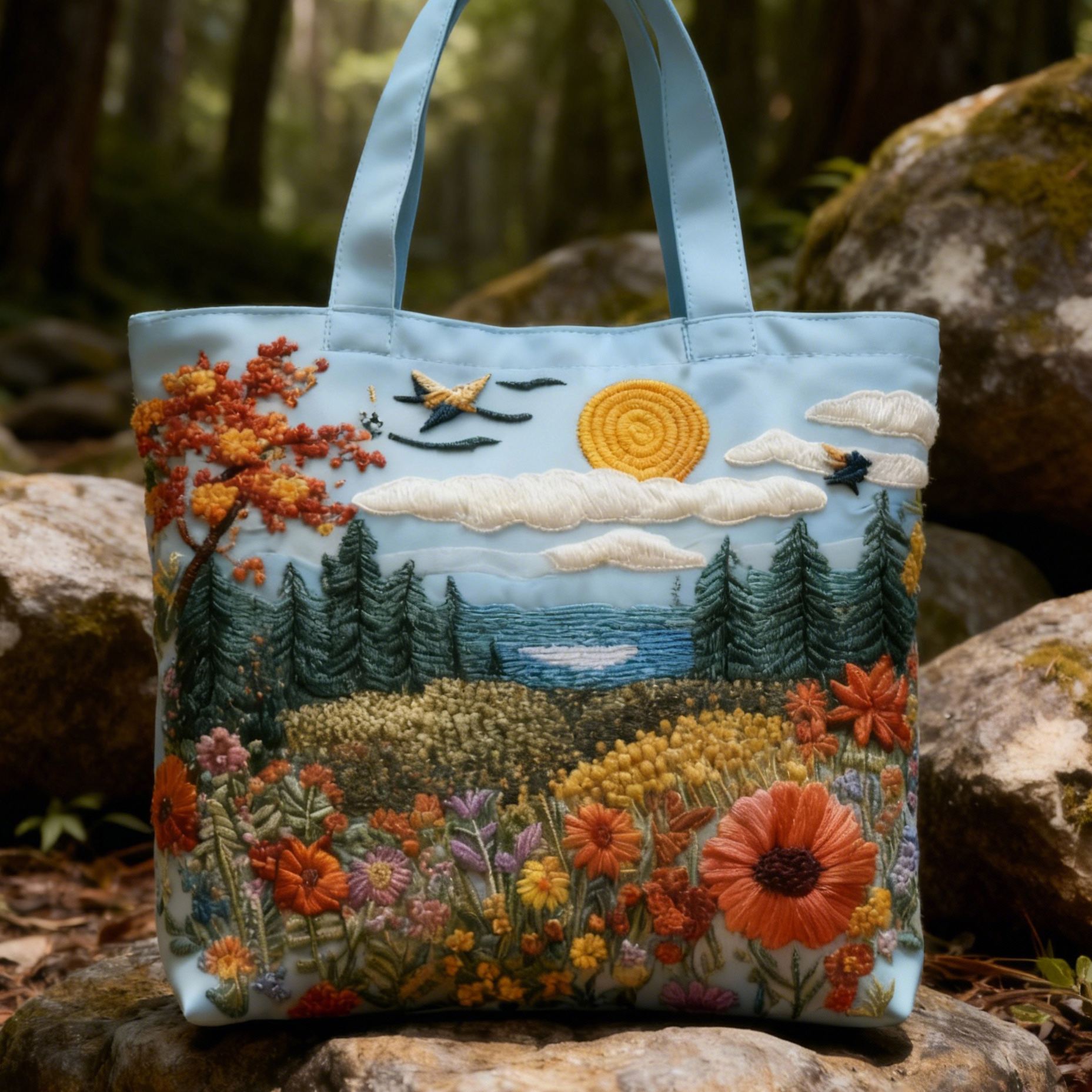Forest Landscape 3D Embroidery Canvas Tote Bag 