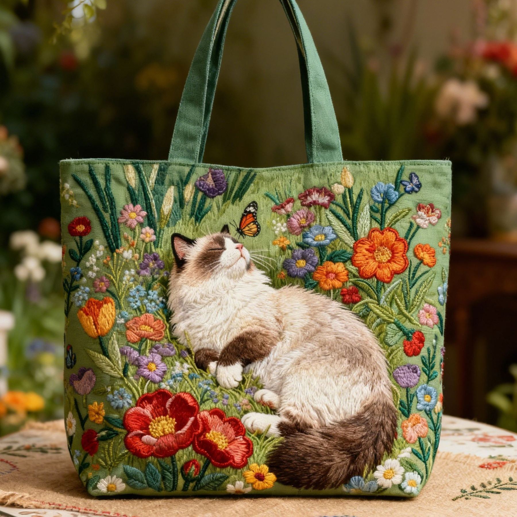 Ragdoll Cat Colorful Floral 3D Embroidery Canvas Tote Bag 