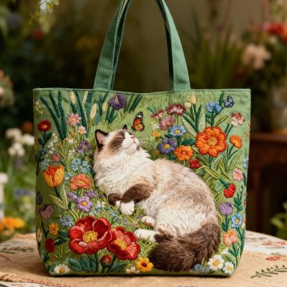 Ragdoll Cat Colorful Floral 3D Embroidery Canvas Tote Bag 