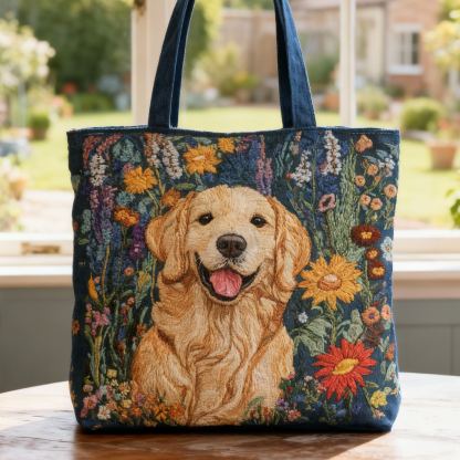 Golden Retriever Dog & Floral 3D Embroidery Canvas Tote Bag 
