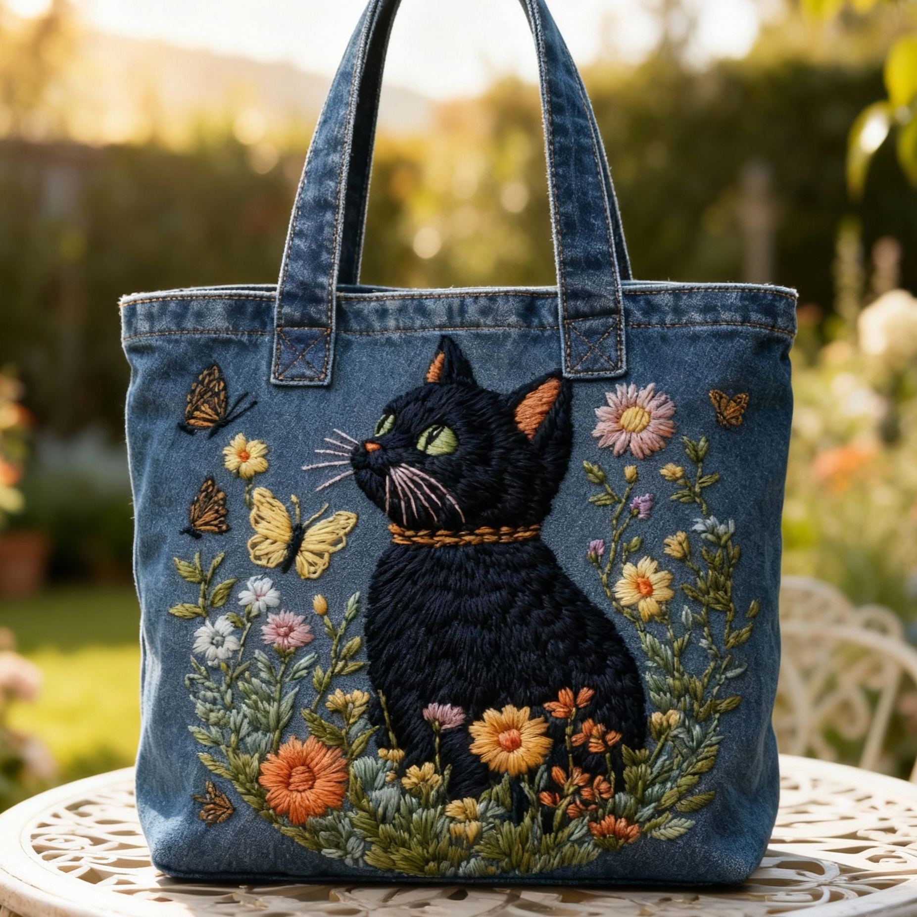 Black Cat & Butterfly Floral  3D Embroidery Denim Tote Bag 