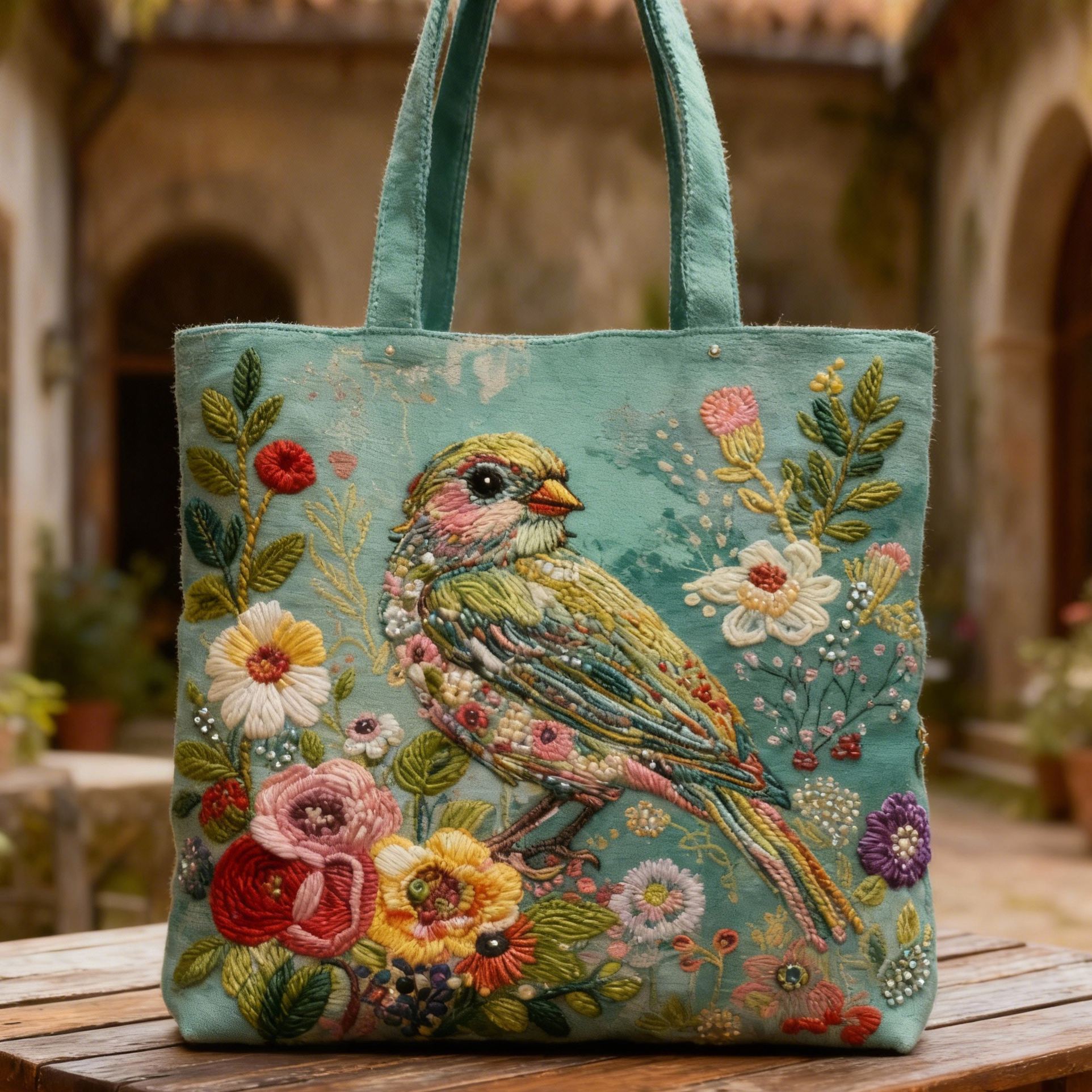 Pastel Bird & Floral 3D Embroidery Canvas Tote Bag 