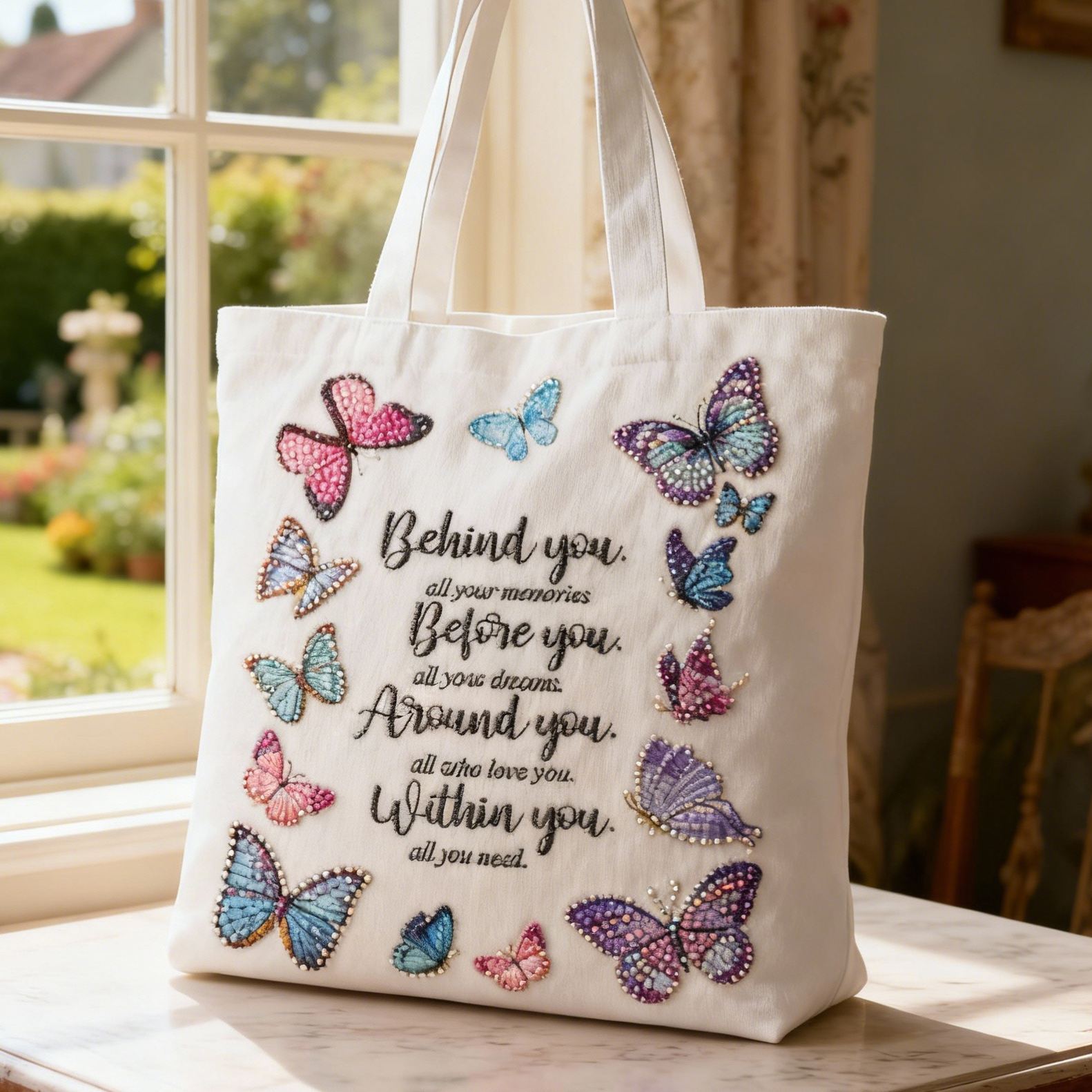 Butterfly Inspirational Quote 3D Embroidery Canvas Tote Bag 
