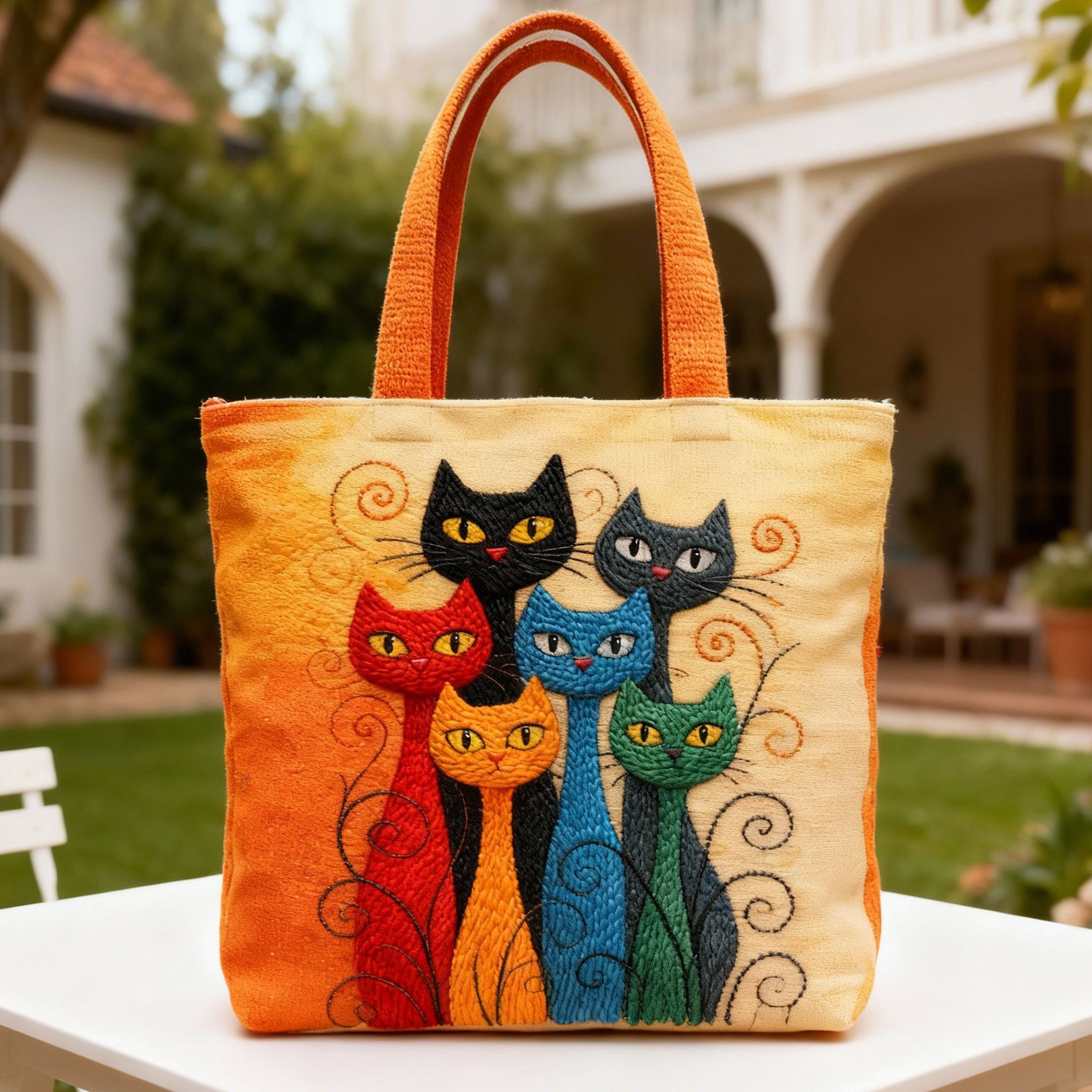 Colorful Whimsical Cat 3D Embroidery Canvas Tote Bag 