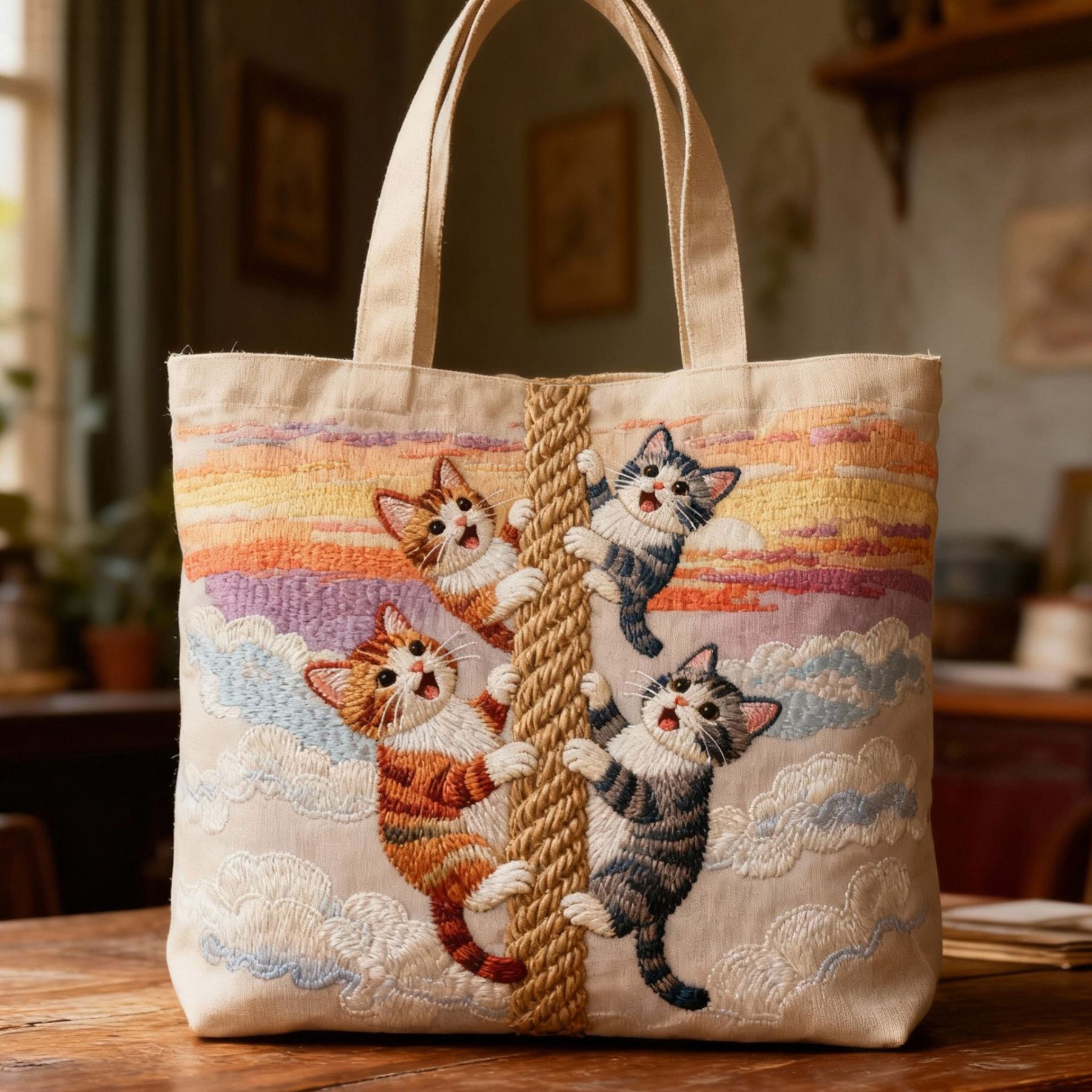 Kittens Climbing Rope Sunset Clouds 3D Embroidery Canvas Tote Bag 
