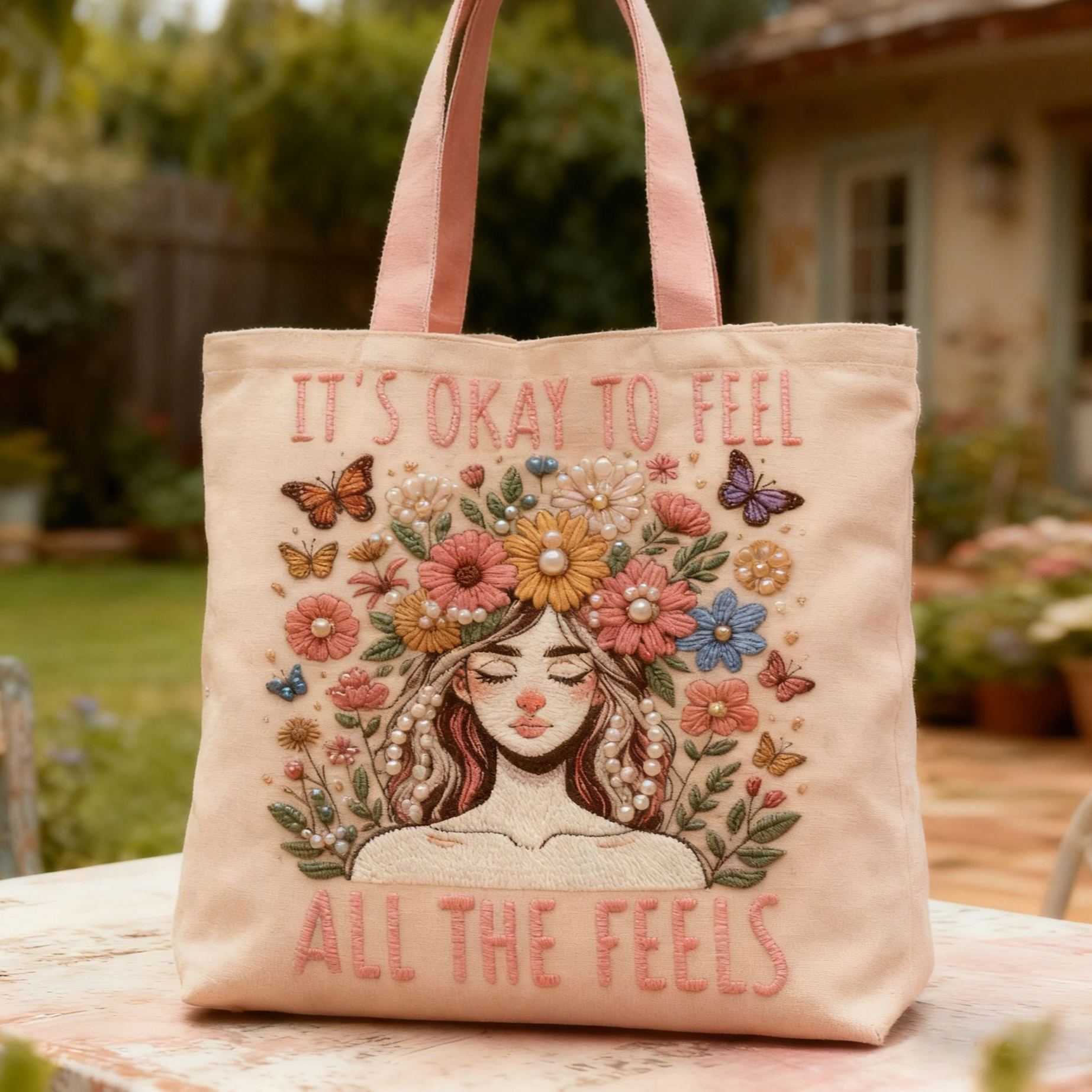 "It's Okay To Feel All The Feels" Girl Floral Butterfly 3D Embroidery Canvas Tote Bag 