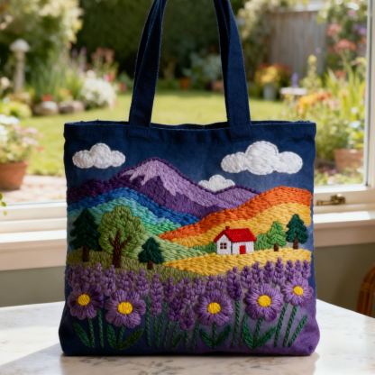 Rainbow Mountain Cottage Lavender Field 3D Embroidery Canvas Tote Bag 