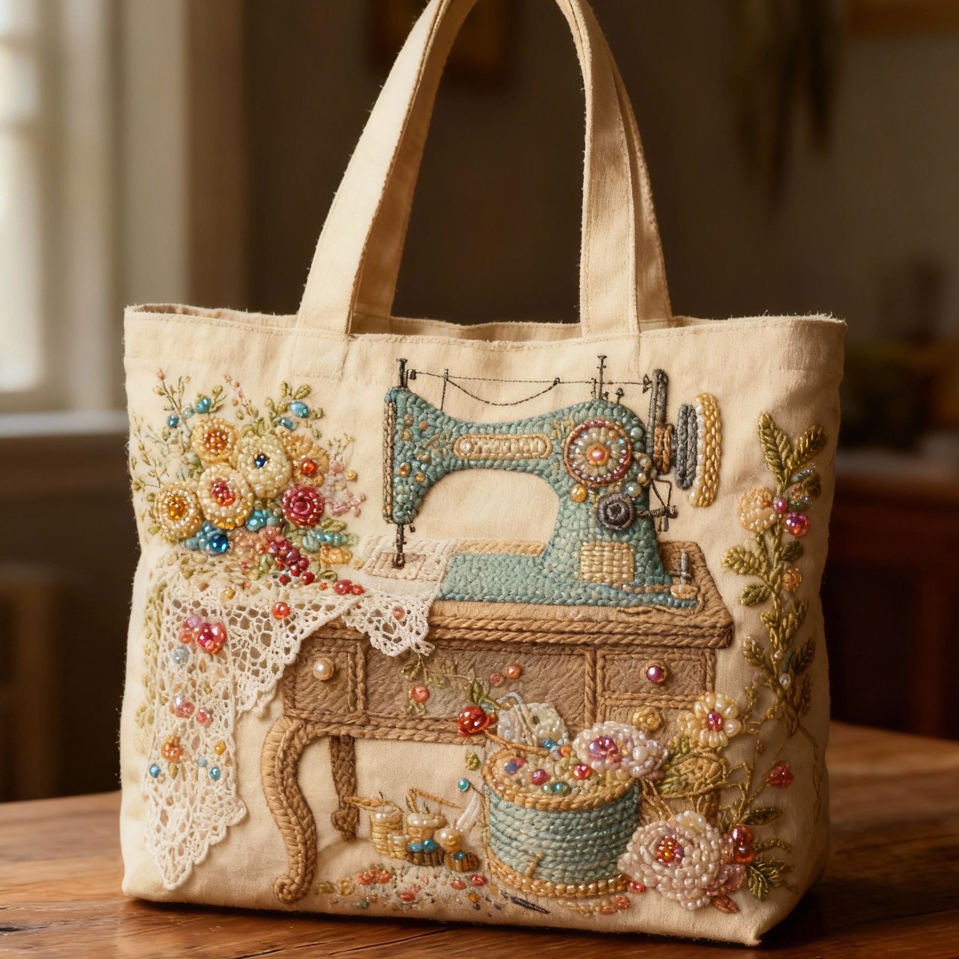 Vintage Sewing Machine Floral Lace Beaded 3D Embroidery Canvas Tote Bag