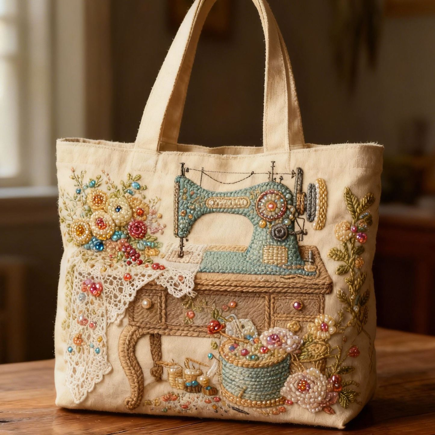 Vintage Sewing Machine Floral Lace Beaded 3D Embroidery Canvas Tote Bag