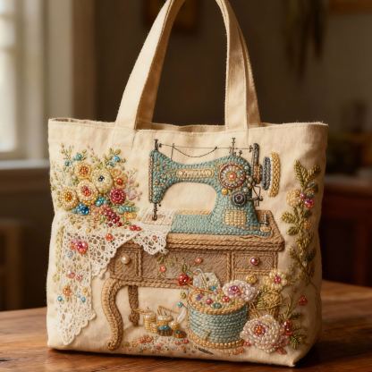 Vintage Sewing Machine Floral Lace Beaded 3D Embroidery Canvas Tote Bag