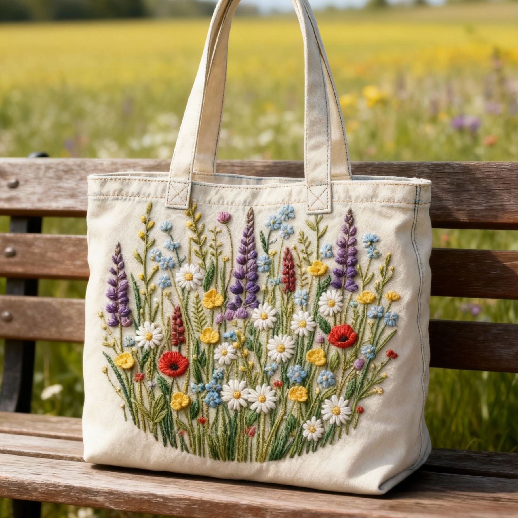 Wildflowers Lavender Daisy 3D Embroidery Denim Tote Bag