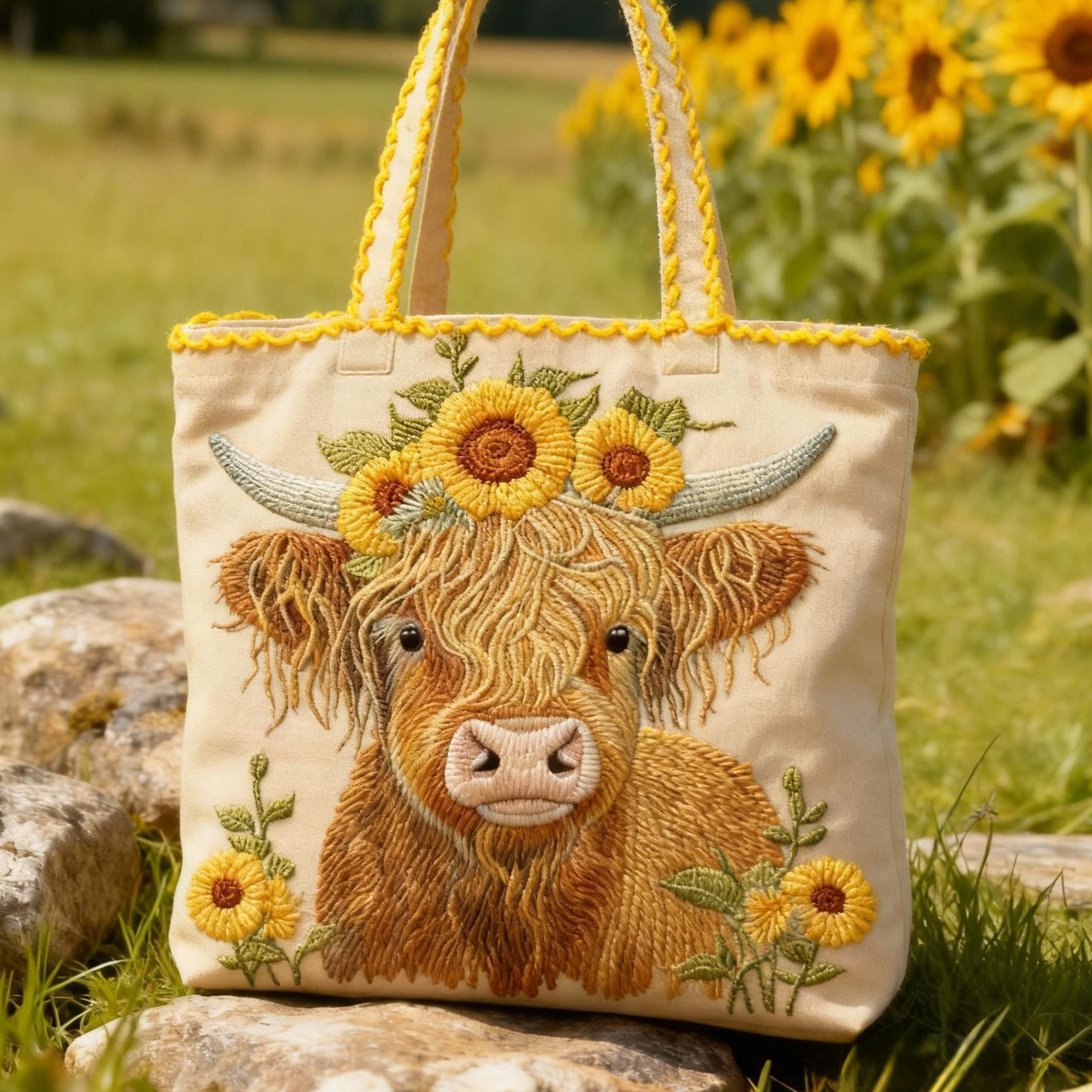 Highland Cow & Sunflower 3D Embroidery Canvas Tote Bag