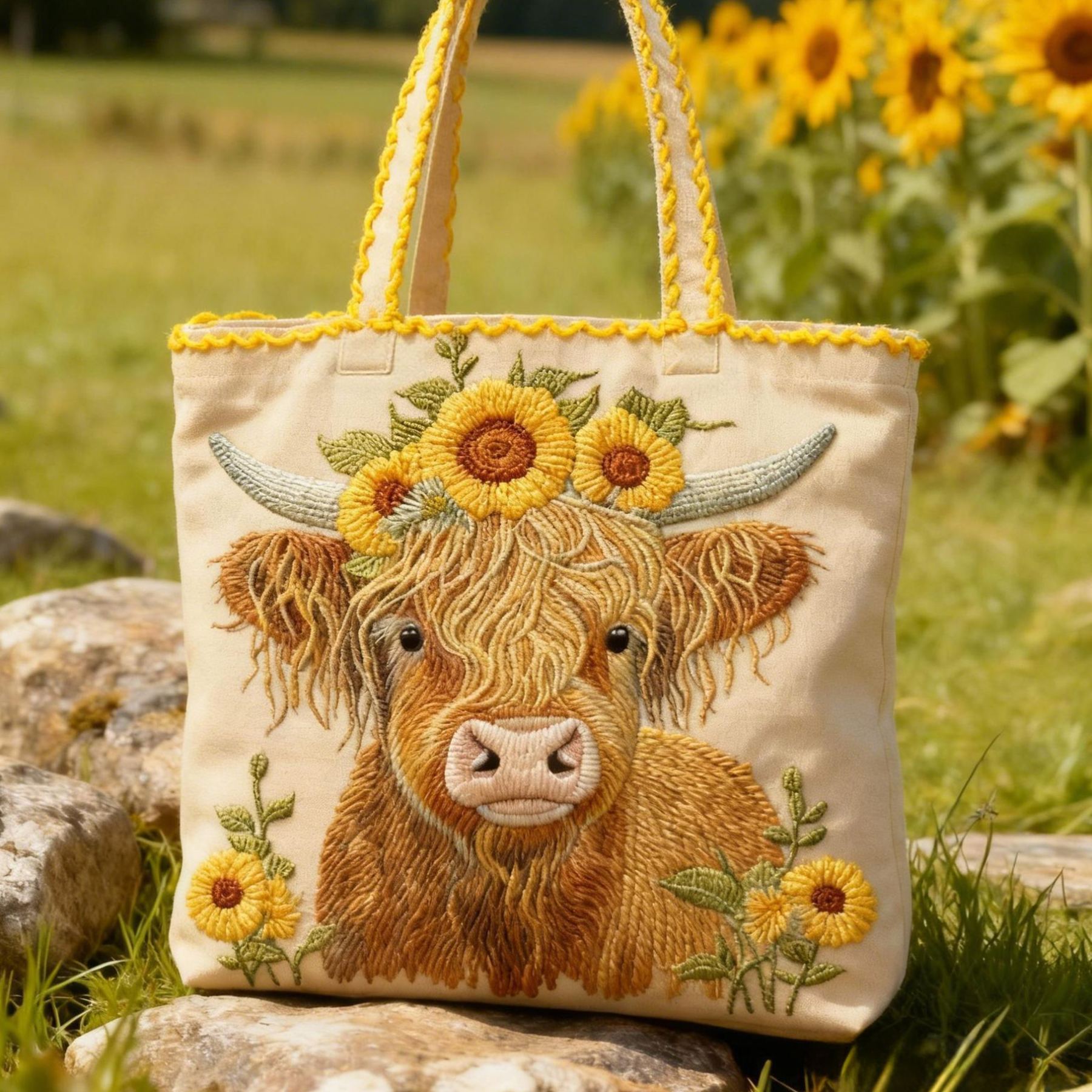 Highland Cow & Sunflower 3D Embroidery Canvas Tote Bag